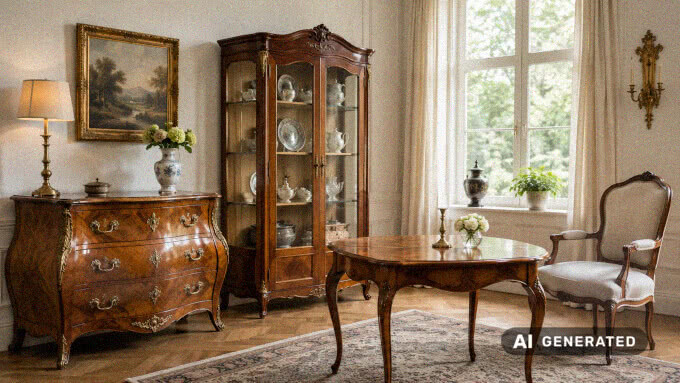 Antike Möbel in einem hellen Raum mit Kommode, Vitrine, Tisch und Stuhl als Motiv für die Wertermittlung beim Möbelankauf.