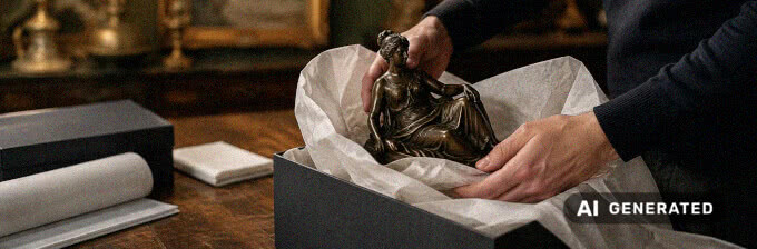 Antike Bronzefigur auf einem Tisch während einer ersten Begutachtung