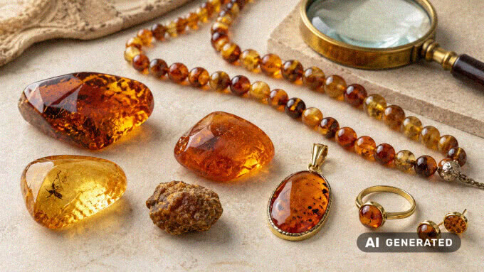 Nahaufnahme verschiedener Bernsteinstücke und Bernsteinschmuck zur Bewertung von Farbe, Zustand und Verarbeitung