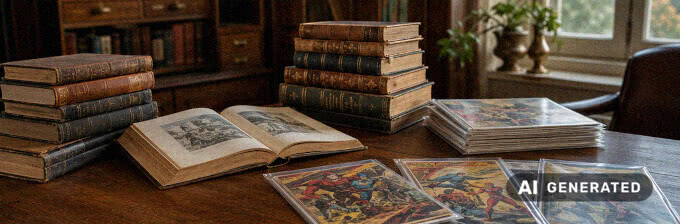 Sortierte Büchersammlung und Comic-Hefte in ruhiger Beratungsatmosphäre.