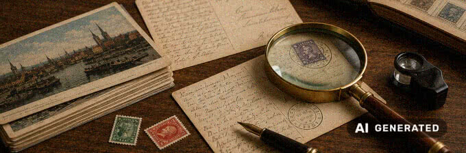 Geöffnetes Briefmarkenalbum mit Lupe, Pinzette und historischen Briefmarken auf einem dunklen Holztisch.