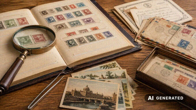 Detailaufnahme eines Briefmarkenalbums mit Lupe, Pinzette, alten Postkarten und sortierten Belegen zur Wertermittlung.