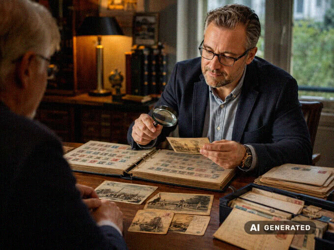 Person prüft ein Briefmarkenalbum und historische Postkarten mit Lupe an einem Beratungstisch.