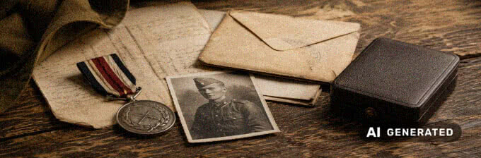 Detailansicht historischer Orden, Abzeichen und Dokumente zur persönlichen Bewertung von Militaria