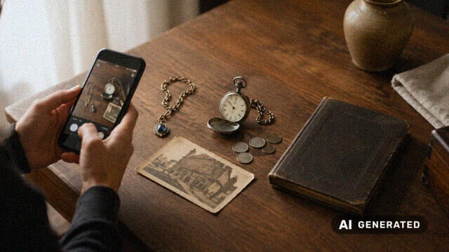 Person fotografiert ausgewählte Antiquitäten wie Taschenuhr, Schmuck, Münzen und historische Dokumente für eine Anfrage.