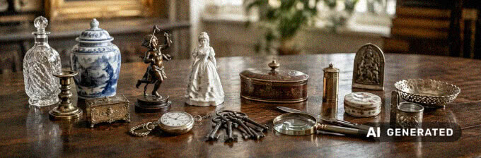 Verschiedene historische Gegenstände und kleine Sammlerstücke auf einem Tisch zur kostenlosen Ersteinschätzung