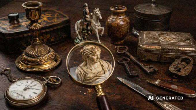 Verschiedene Antiquitäten, Raritäten und historische Gebrauchsgegenstände mit Lupe zur Bewertung von Alter, Zustand und Seltenheit