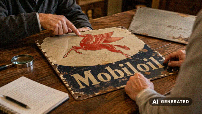 Beratung zur Einschätzung eines historischen Blech- oder Emailleschildes mit sichtbaren Details und Patina