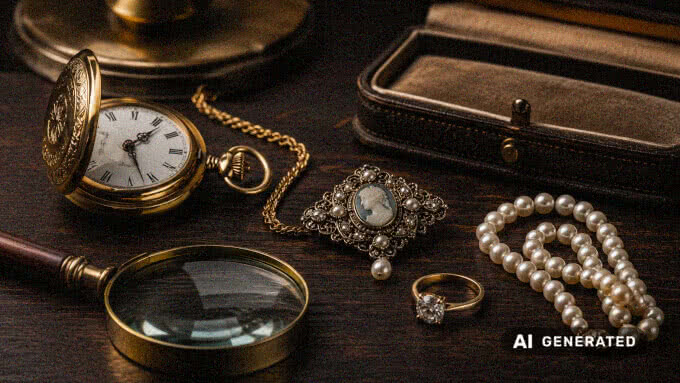 Antiker Schmuck mit Ringen, Ketten, Broschen und Schmuckschatulle auf einem Holztisch