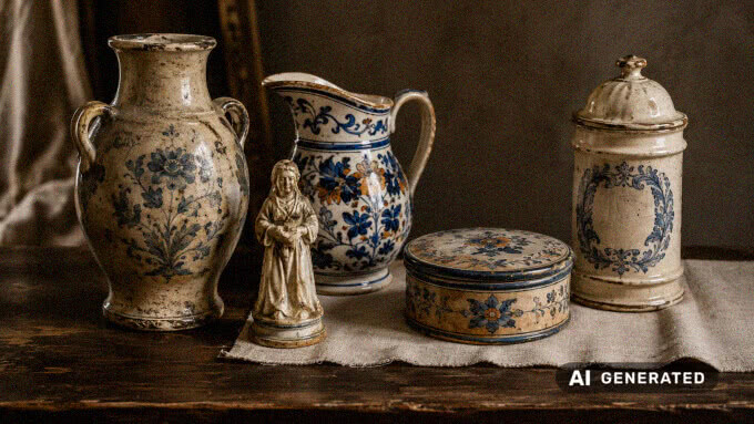 Antike Keramikvase, verzierter Krug, kleine Figur, bemalte Dose und historisches Apothekergefäß auf einem Holztisch mit Leinentuch.