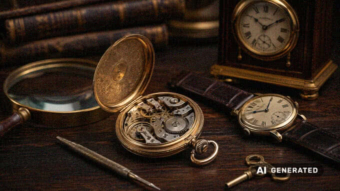 Geöffnete antike Taschenuhr, klassische Armbanduhr, kleine Kaminuhr, Lupe und Uhrmacherwerkzeug auf einem dunklen Holztisch mit warmer Beleuchtung.