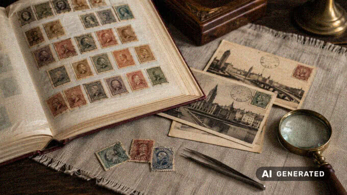 Geöffnetes Briefmarkenalbum, historische Postkarten, lose alte Briefmarken, Pinzette und Lupe auf einem dunklen Holztisch mit Leinentuch.