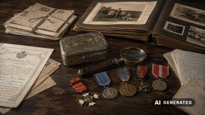 Historische Orden und Ehrenzeichen, alte Urkunden, Feldpostbriefe, geöffnetes Fotoalbum, Metallkassette und Lupe auf einem dunklen Holztisch.