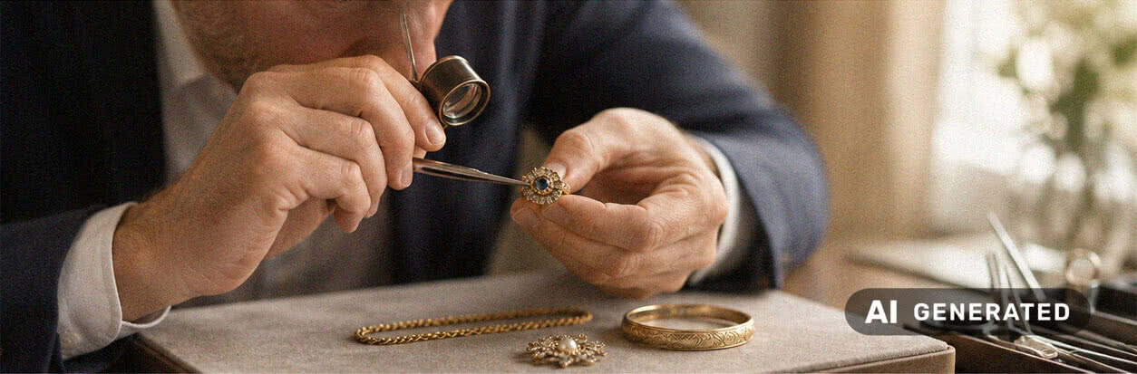 Experte prüft einen Ring mit Lupe und Werkzeug bei der persönlichen Bewertung von altem Schmuck