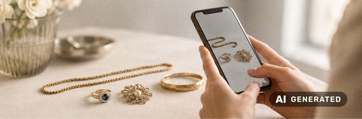 Schmuckstücke werden mit dem Smartphone fotografiert, um eine erste Einschätzung für den Schmuckankauf anzufragen