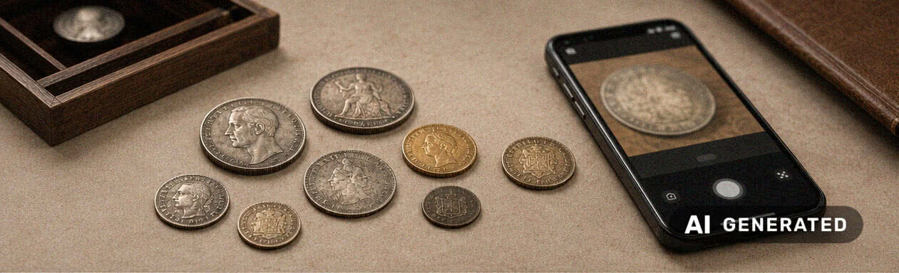 Alte Münzen auf einem Tisch mit Smartphone zur Foto-Einschätzung