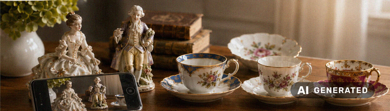 Alte Porzellanfiguren und Tassen auf einem Tisch für eine kostenlose Ersteinschätzung beim Porzellanankauf