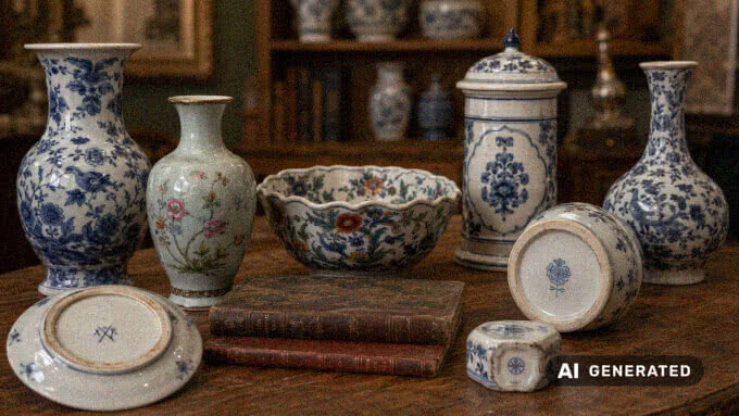 Antike Keramik mit Vasen, Fayence-Schale, Apothekergefäß und Bodenmarken zur Wertermittlung