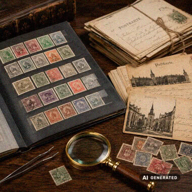 Alte Briefmarken und historische Postkarten in einem Sammleralbum.