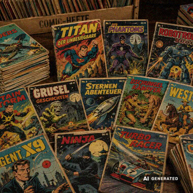 Historische Comic-Hefte in Schutzhüllen und einige alte Bücher auf einem Holztisch.
