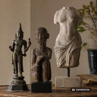 Historische Skulpturen und Figuren aus Bronze, Holz und Stein als Beispiele für den Ankauf antiker Skulpturen.