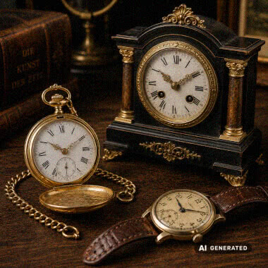 Alte Taschenuhr, Armbanduhr und weitere historische Uhren.