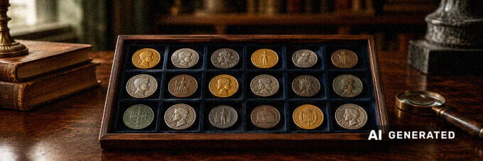 Münztablett mit historischen Münzen